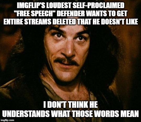 The memer who shall remain nameless wants this stream and SexStream deleted because he disagrees with their viewpoint | IMGFLIP'S LOUDEST SELF-PROCLAIMED "FREE SPEECH" DEFENDER WANTS TO GET ENTIRE STREAMS DELETED THAT HE DOESN'T LIKE; I DON'T THINK HE UNDERSTANDS WHAT THOSE WORDS MEAN | image tagged in memes,inigo montoya,free speech,freedom of speech,conservative hypocrisy,hypocrisy | made w/ Imgflip meme maker