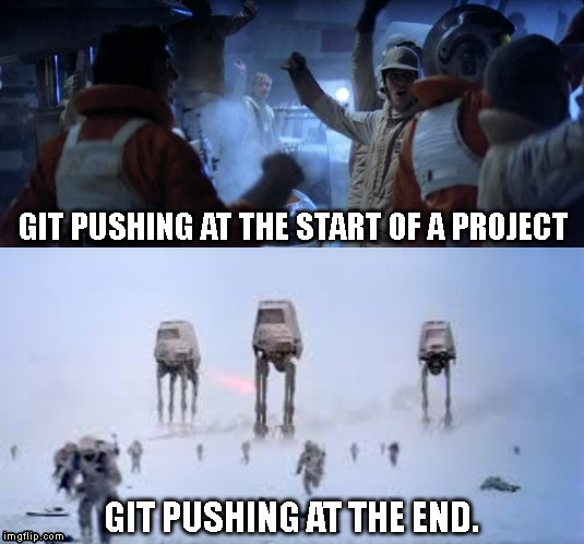 GIT PUSHING AT THE START OF A PROJECT; GIT PUSHING AT THE END. | image tagged in programming,software | made w/ Imgflip meme maker
