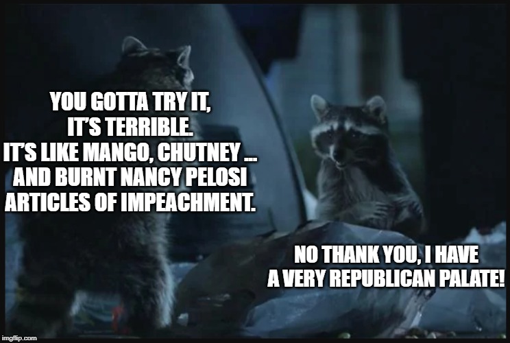 Geiko Raccoons Digging Through Nancy Pelosi's Garbage. | YOU GOTTA TRY IT, IT’S TERRIBLE.
IT’S LIKE MANGO, CHUTNEY ... AND BURNT NANCY PELOSI
ARTICLES OF IMPEACHMENT. NO THANK YOU, I HAVE A VERY REPUBLICAN PALATE! | image tagged in impeachment,geiko,racoons,garbage,nancy pelosi | made w/ Imgflip meme maker