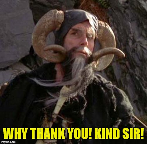 Tim the Enchanter - Monty Python | WHY THANK YOU! KIND SIR! | image tagged in tim the enchanter - monty python | made w/ Imgflip meme maker
