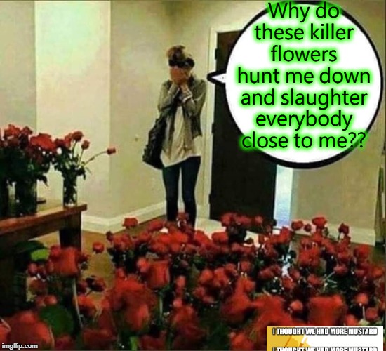 Killer Flowers | Why do these killer flowers hunt me down and slaughter everybody close to me?? | image tagged in flowers,slaughter,valentine's day,valentines | made w/ Imgflip meme maker