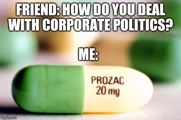 FRIEND: HOW DO YOU DEAL WITH CORPORATE POLITICS? ME: | image tagged in work sucks | made w/ Imgflip meme maker