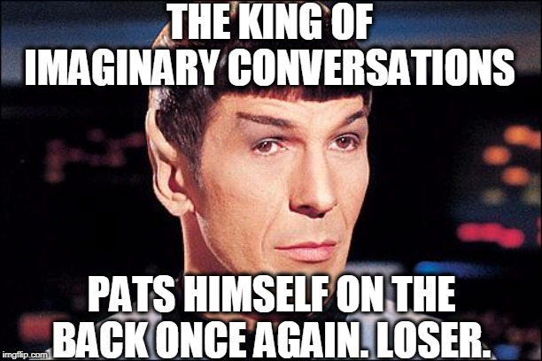 Condescending Spock | THE KING OF IMAGINARY CONVERSATIONS PATS HIMSELF ON THE BACK ONCE AGAIN. LOSER. | image tagged in condescending spock | made w/ Imgflip meme maker