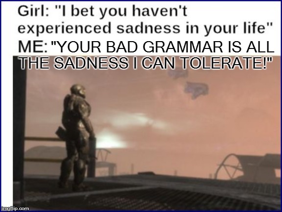 THE SADNESS I CAN TOLERATE!" "YOUR BAD GRAMMAR IS ALL | made w/ Imgflip meme maker