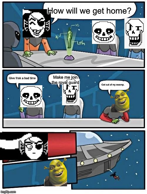 Alien Meeting Suggestion | How will we get home? Give frisk a bad time; Make me join the royal guard; Get out of my swamp. | image tagged in memes,alien meeting suggestion | made w/ Imgflip meme maker