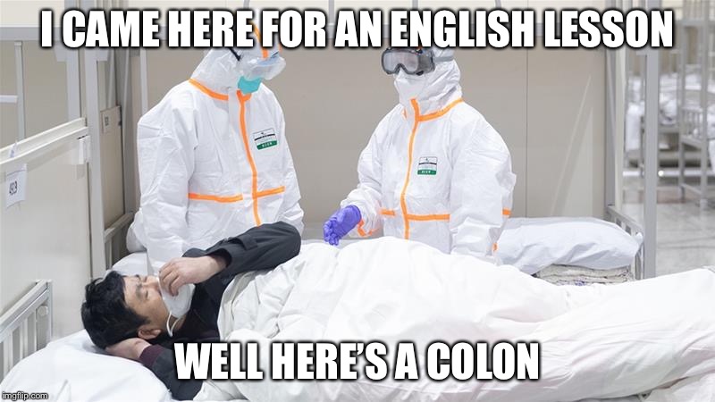 I CAME HERE FOR AN ENGLISH LESSON; WELL HERE’S A COLON | image tagged in coronavirus,grammar,colon,colonoscopy | made w/ Imgflip meme maker