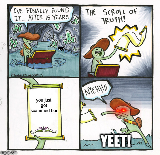 The Scroll Of Truth Meme | you just got scammed boi; YEET! | image tagged in memes,the scroll of truth | made w/ Imgflip meme maker