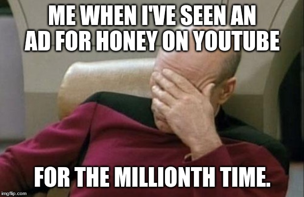 Captain Picard Facepalm | ME WHEN I'VE SEEN AN AD FOR HONEY ON YOUTUBE; FOR THE MILLIONTH TIME. | image tagged in memes,captain picard facepalm | made w/ Imgflip meme maker