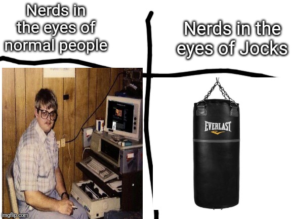 I feel bad for you nerds out there. | Nerds in the eyes of normal people; Nerds in the eyes of Jocks | image tagged in blank white template,nerd,bullies | made w/ Imgflip meme maker