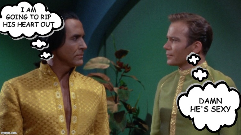 Opposing Thoughts | I AM GOING TO RIP HIS HEART OUT; DAMN HE'S SEXY | image tagged in star trek kirk khan | made w/ Imgflip meme maker