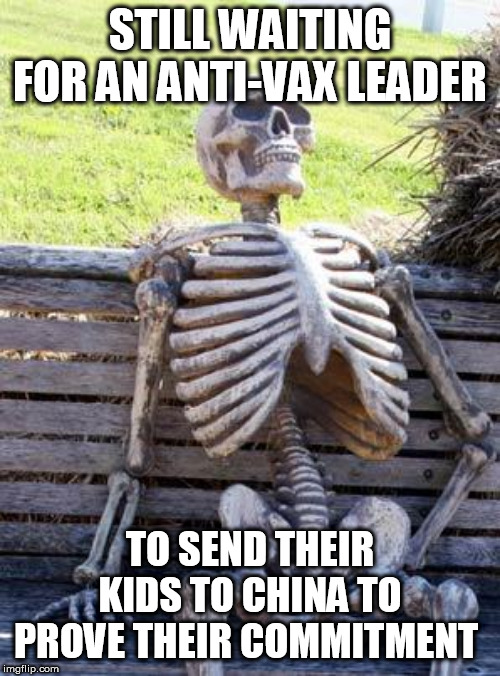 Waiting Skeleton Meme | STILL WAITING FOR AN ANTI-VAX LEADER; TO SEND THEIR KIDS TO CHINA TO PROVE THEIR COMMITMENT | image tagged in memes,waiting skeleton | made w/ Imgflip meme maker