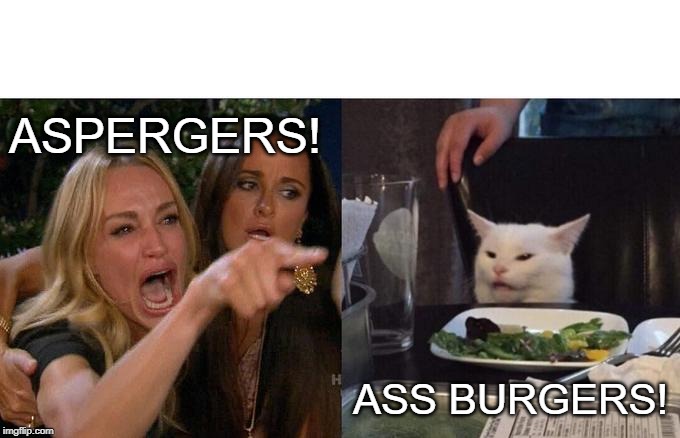 Woman Yelling At Cat Meme | ASPERGERS! ASS BURGERS! | image tagged in memes,woman yelling at cat | made w/ Imgflip meme maker