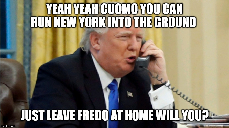 Trump on phone | YEAH YEAH CUOMO YOU CAN RUN NEW YORK INTO THE GROUND; JUST LEAVE FREDO AT HOME WILL YOU? | image tagged in trump on phone | made w/ Imgflip meme maker