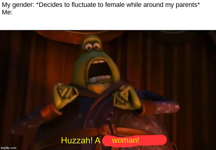 Huzzah! A man of quality! |  My gender: *Decides to fluctuate to female while around my parents*
Me:; woman! | image tagged in huzzah a man of quality | made w/ Imgflip meme maker