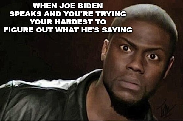 Come again? What's that? Hairy legs and little kids? Corn Pop? Dog-Faced Pony Soldier? | WHEN JOE BIDEN SPEAKS AND YOU'RE TRYING YOUR HARDEST TO FIGURE OUT WHAT HE'S SAYING | image tagged in memes,kevin hart,joe biden | made w/ Imgflip meme maker