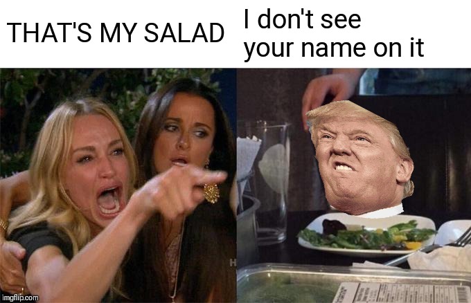 Woman Yelling At Cat Meme | THAT'S MY SALAD; I don't see your name on it | image tagged in memes,woman yelling at cat | made w/ Imgflip meme maker
