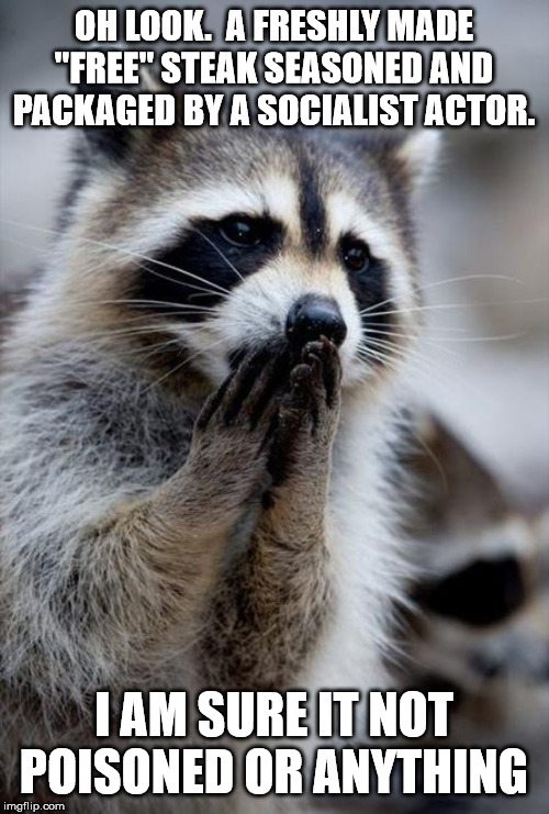 surprised raccoon | OH LOOK.  A FRESHLY MADE "FREE" STEAK SEASONED AND PACKAGED BY A SOCIALIST ACTOR. I AM SURE IT NOT POISONED OR ANYTHING | image tagged in surprised raccoon | made w/ Imgflip meme maker