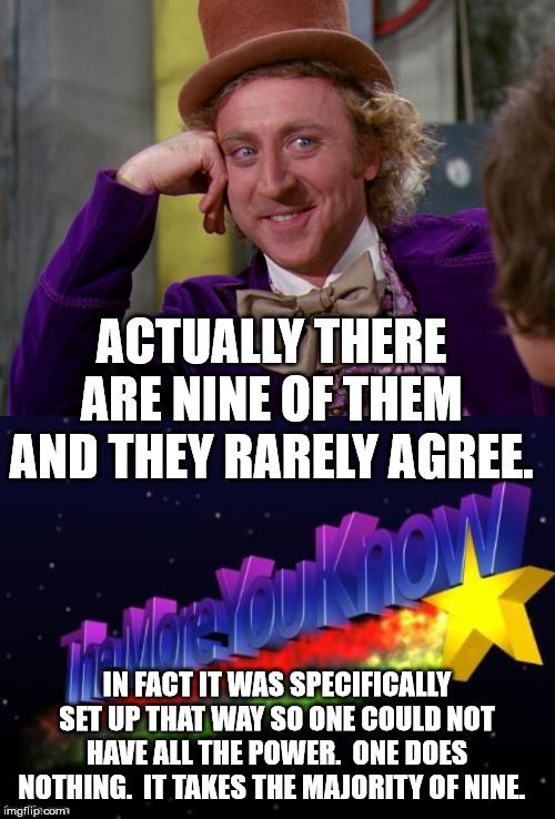ACTUALLY THERE ARE NINE OF THEM AND THEY RARELY AGREE. IN FACT IT WAS SPECIFICALLY SET UP THAT WAY SO ONE COULD NOT HAVE ALL THE POWER.  ONE | image tagged in the more you know,charlie-chocolate-factory | made w/ Imgflip meme maker