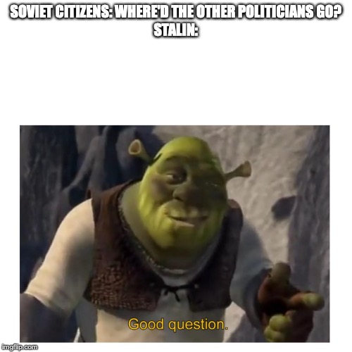 Good Question Shrek | SOVIET CITIZENS: WHERE'D THE OTHER POLITICIANS GO?
STALIN: | image tagged in good question shrek | made w/ Imgflip meme maker