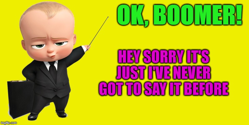 boss baby make a statement | OK, BOOMER! HEY SORRY IT'S JUST I'VE NEVER GOT TO SAY IT BEFORE | image tagged in boss baby make a statement | made w/ Imgflip meme maker