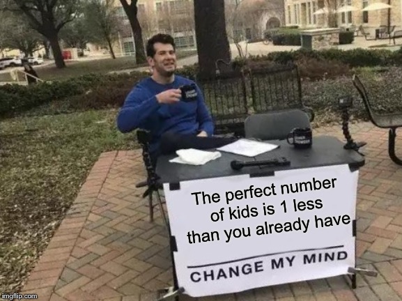 Change My Mind | The perfect number of kids is 1 less than you already have | image tagged in memes,change my mind | made w/ Imgflip meme maker