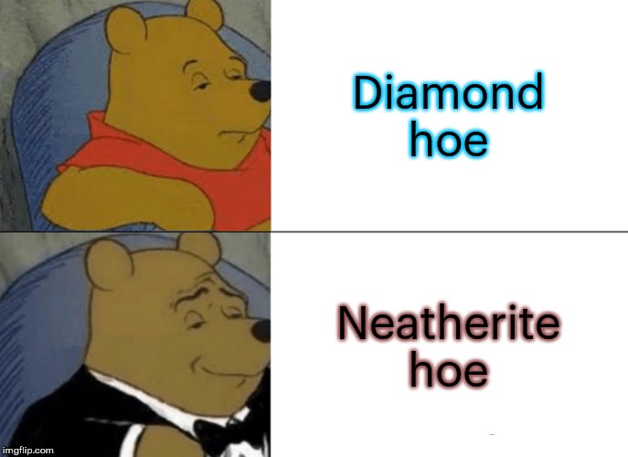 Tuxedo Winnie The Pooh Meme | Diamond hoe; Neatherite hoe | image tagged in memes,tuxedo winnie the pooh | made w/ Imgflip meme maker