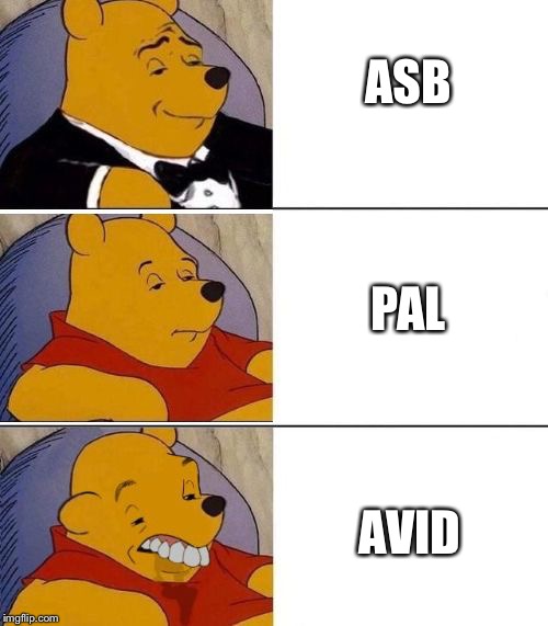 Tuxedo on Top Winnie The Pooh (3 panel) | ASB; PAL; AVID | image tagged in tuxedo on top winnie the pooh 3 panel | made w/ Imgflip meme maker