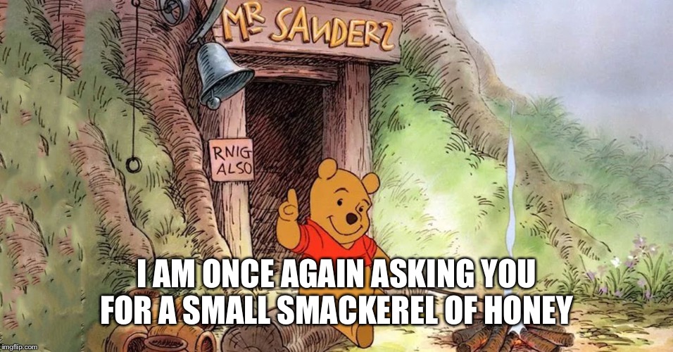 Bernie the Pooh | I AM ONCE AGAIN ASKING YOU FOR A SMALL SMACKEREL OF HONEY | image tagged in bernie the pooh | made w/ Imgflip meme maker