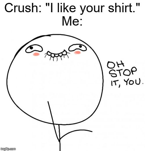 Pretty Much Everyone | Crush: "I like your shirt."
Me: | image tagged in oh stop it you,crush,blushing | made w/ Imgflip meme maker