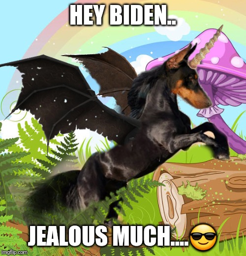 Dog-faced Unicorn bab | HEY BIDEN.. JEALOUS MUCH....😎 | image tagged in dog faced pony wtf did i make,biden | made w/ Imgflip meme maker