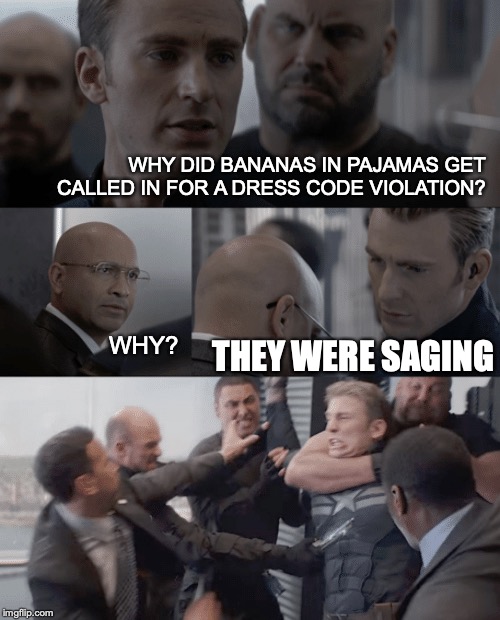 Captain america elevator | WHY DID BANANAS IN PAJAMAS GET CALLED IN FOR A DRESS CODE VIOLATION? THEY WERE SAGING; WHY? | image tagged in captain america elevator | made w/ Imgflip meme maker