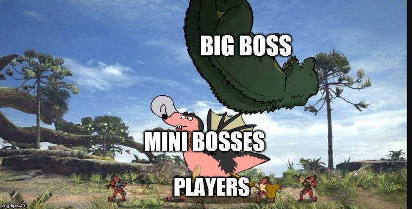 BIG BOSS; MINI BOSSES; PLAYERS | image tagged in monster hunter,deviljho,games,oh shit,wtf,memes | made w/ Imgflip meme maker