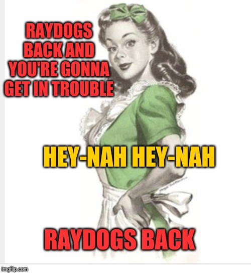50's housewife | RAYDOGS BACK AND YOU'RE GONNA GET IN TROUBLE; HEY-NAH HEY-NAH; RAYDOGS BACK | image tagged in 50's housewife | made w/ Imgflip meme maker