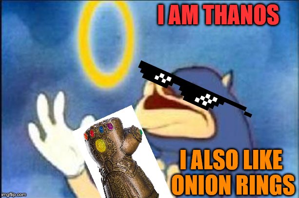 Sonic derp | I AM THANOS; I ALSO LIKE 
ONION RINGS | image tagged in sonic derp | made w/ Imgflip meme maker