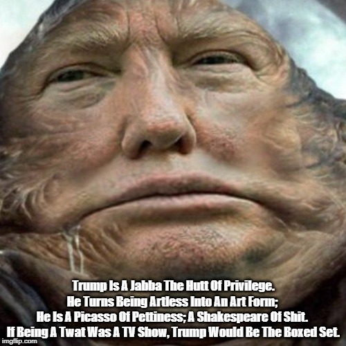 "Trump Is A Jabba The Hutt Of Privilege" | Trump Is A Jabba The Hutt Of Privilege.
He Turns Being Artless Into An Art Form; 
He Is A Picasso Of Pettiness; A Shakespeare Of Shit. 
If Being A Twat Was A TV Show, Trump Would Be The Boxed Set. | image tagged in dishonorable donald,despicable donald,deplorable donald,dishonest donald,mafia don,tweety bird trump is actually a cuckoo | made w/ Imgflip meme maker