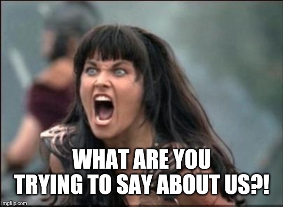 Angry Xena | WHAT ARE YOU TRYING TO SAY ABOUT US?! | image tagged in angry xena | made w/ Imgflip meme maker