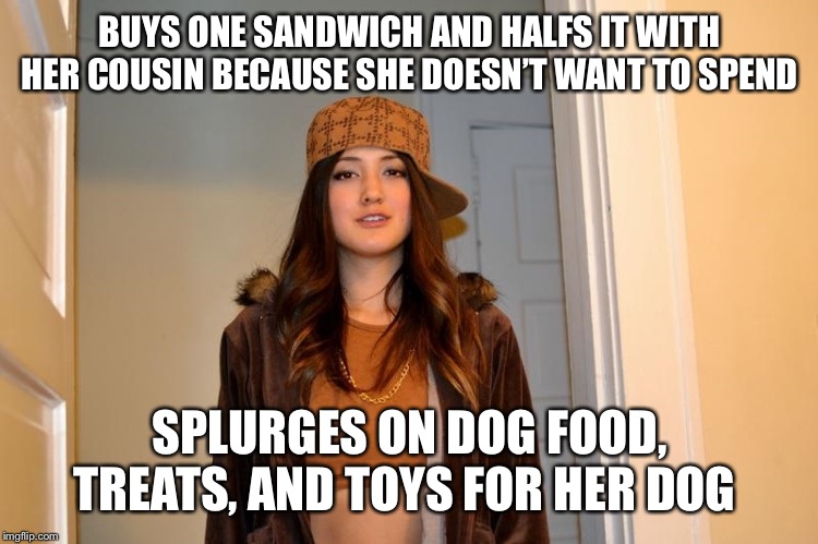 Scumbag Stephanie  | BUYS ONE SANDWICH AND HALFS IT WITH HER COUSIN BECAUSE SHE DOESN’T WANT TO SPEND; SPLURGES ON DOG FOOD, TREATS, AND TOYS FOR HER DOG | image tagged in scumbag stephanie | made w/ Imgflip meme maker
