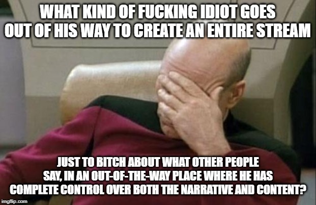 Captain Picard Facepalm Meme | WHAT KIND OF FUCKING IDIOT GOES OUT OF HIS WAY TO CREATE AN ENTIRE STREAM; JUST TO BITCH ABOUT WHAT OTHER PEOPLE SAY, IN AN OUT-OF-THE-WAY PLACE WHERE HE HAS COMPLETE CONTROL OVER BOTH THE NARRATIVE AND CONTENT? | image tagged in memes,captain picard facepalm | made w/ Imgflip meme maker