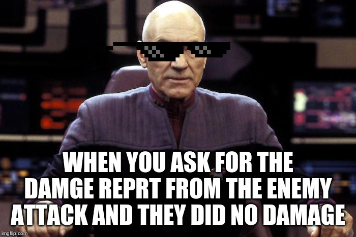 Captain Picard Damage Report | WHEN YOU ASK FOR THE DAMGE REPRT FROM THE ENEMY ATTACK AND THEY DID NO DAMAGE | image tagged in captain picard damage report | made w/ Imgflip meme maker