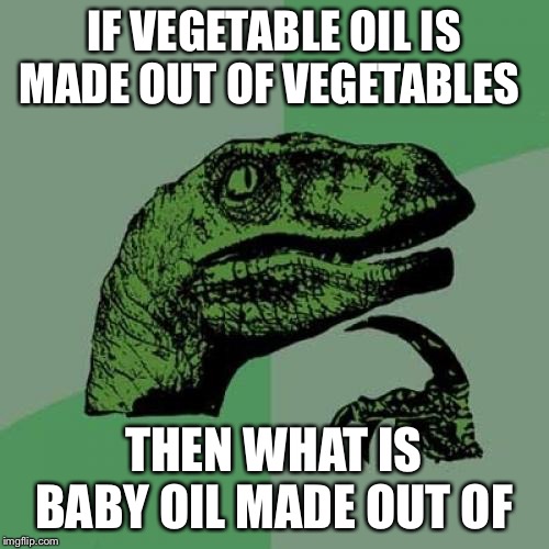 Philosoraptor Meme | IF VEGETABLE OIL IS MADE OUT OF VEGETABLES; THEN WHAT IS BABY OIL MADE OUT OF | image tagged in memes,philosoraptor | made w/ Imgflip meme maker