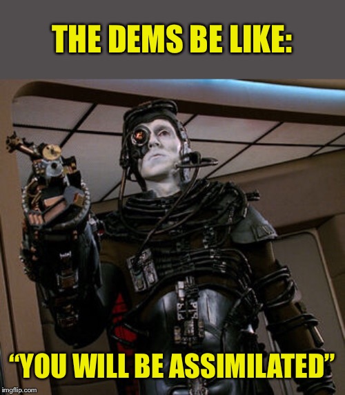 THE DEMS BE LIKE:; “YOU WILL BE ASSIMILATED” | image tagged in democrats,borg,assimilated | made w/ Imgflip meme maker