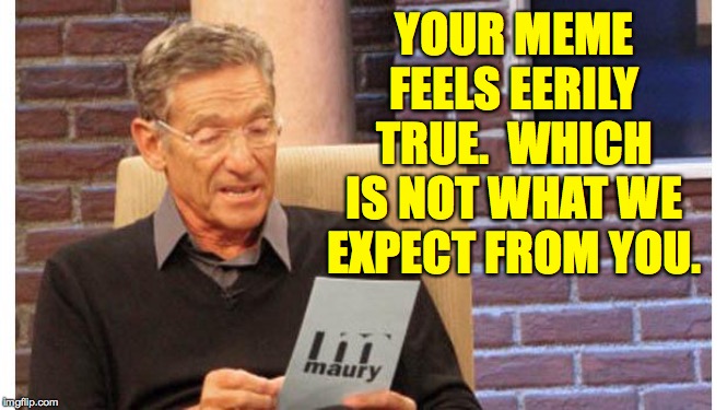 maury povich | YOUR MEME FEELS EERILY TRUE.  WHICH IS NOT WHAT WE EXPECT FROM YOU. | image tagged in maury povich | made w/ Imgflip meme maker