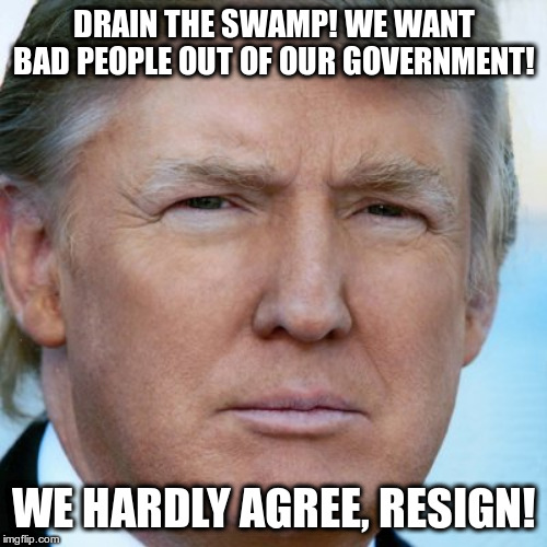 It would be a good start anywayy | DRAIN THE SWAMP! WE WANT BAD PEOPLE OUT OF OUR GOVERNMENT! WE HARDLY AGREE, RESIGN! | image tagged in trump,impeach trump,humor,resign,drain the swamp | made w/ Imgflip meme maker