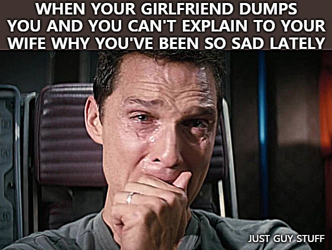 WHEN YOUR GIRLFRIEND DUMPS YOU AND YOU CAN'T EXPLAIN TO YOUR WIFE WHY YOU'VE BEEN SO SAD LATELY; JUST GUY STUFF | image tagged in beef | made w/ Imgflip meme maker