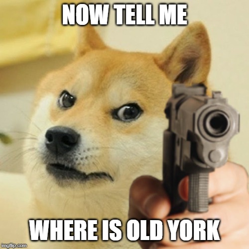 Doge holding a gun | NOW TELL ME; WHERE IS OLD YORK | image tagged in doge holding a gun | made w/ Imgflip meme maker