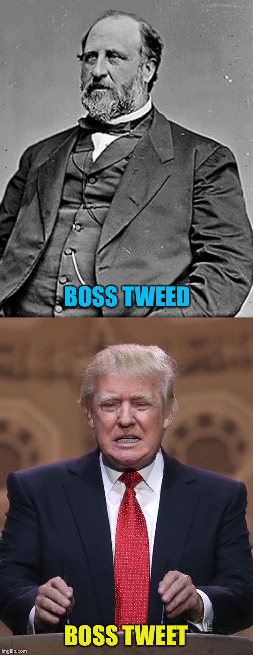 Two of a kind | BOSS TWEED; BOSS TWEET | image tagged in donald trump,boss tweed | made w/ Imgflip meme maker