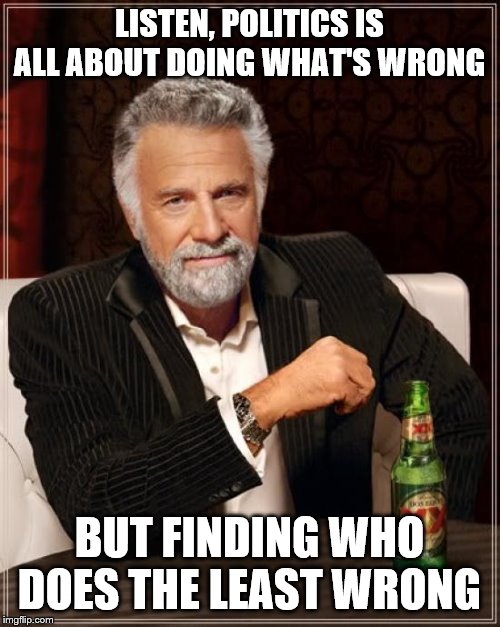 The Most Interesting Man In The World Meme | LISTEN, POLITICS IS ALL ABOUT DOING WHAT'S WRONG BUT FINDING WHO DOES THE LEAST WRONG | image tagged in memes,the most interesting man in the world | made w/ Imgflip meme maker
