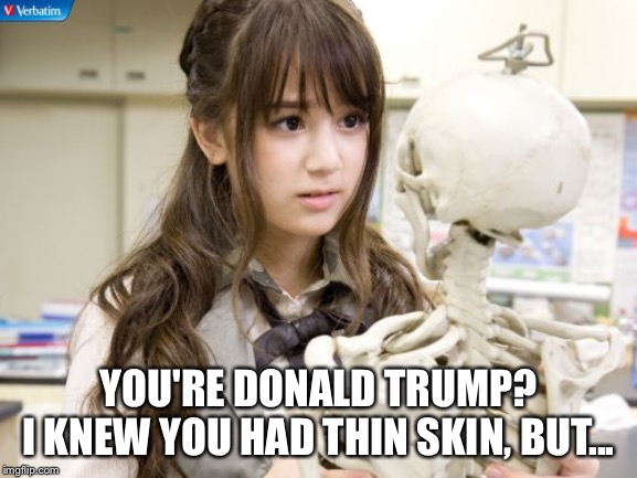 Now that's thin skin! | YOU'RE DONALD TRUMP?
I KNEW YOU HAD THIN SKIN, BUT... | image tagged in memes,oku manami | made w/ Imgflip meme maker