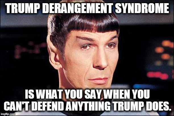 Condescending Spock | TRUMP DERANGEMENT SYNDROME IS WHAT YOU SAY WHEN YOU CAN'T DEFEND ANYTHING TRUMP DOES. | image tagged in condescending spock | made w/ Imgflip meme maker