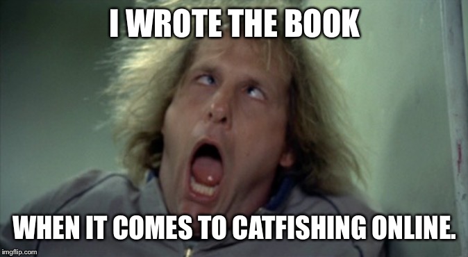 Scary Harry | I WROTE THE BOOK; WHEN IT COMES TO CATFISHING ONLINE. | image tagged in memes,scary harry | made w/ Imgflip meme maker